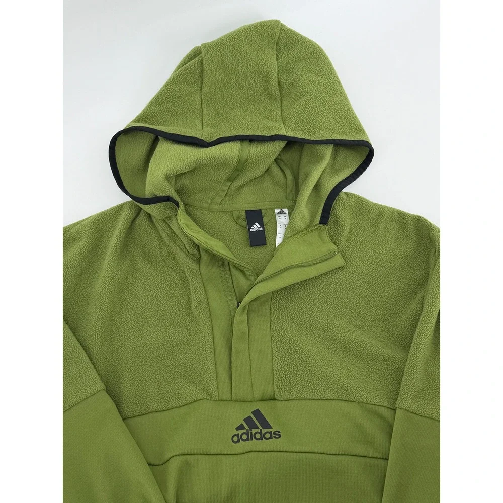 Adidas Mens 1/4 Zip Fleece Hoodie Olive Green‎ Mixed Media Pullover Size M